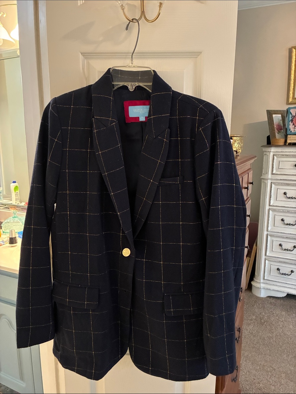 Draper James Navy Windowpane Blazer with Gold Button SZ M (missing button)